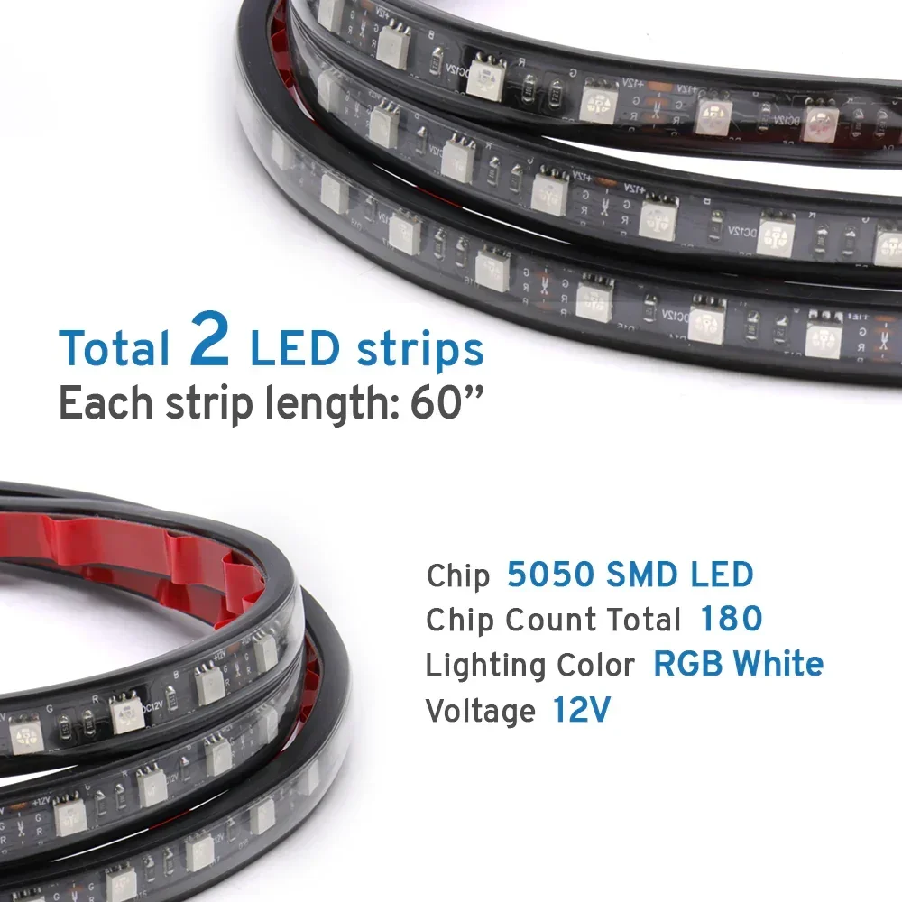 2pcs 60" LED Pickup Truck Bed Light Strips, RGB Bluetooth Remote Control - Image 2
