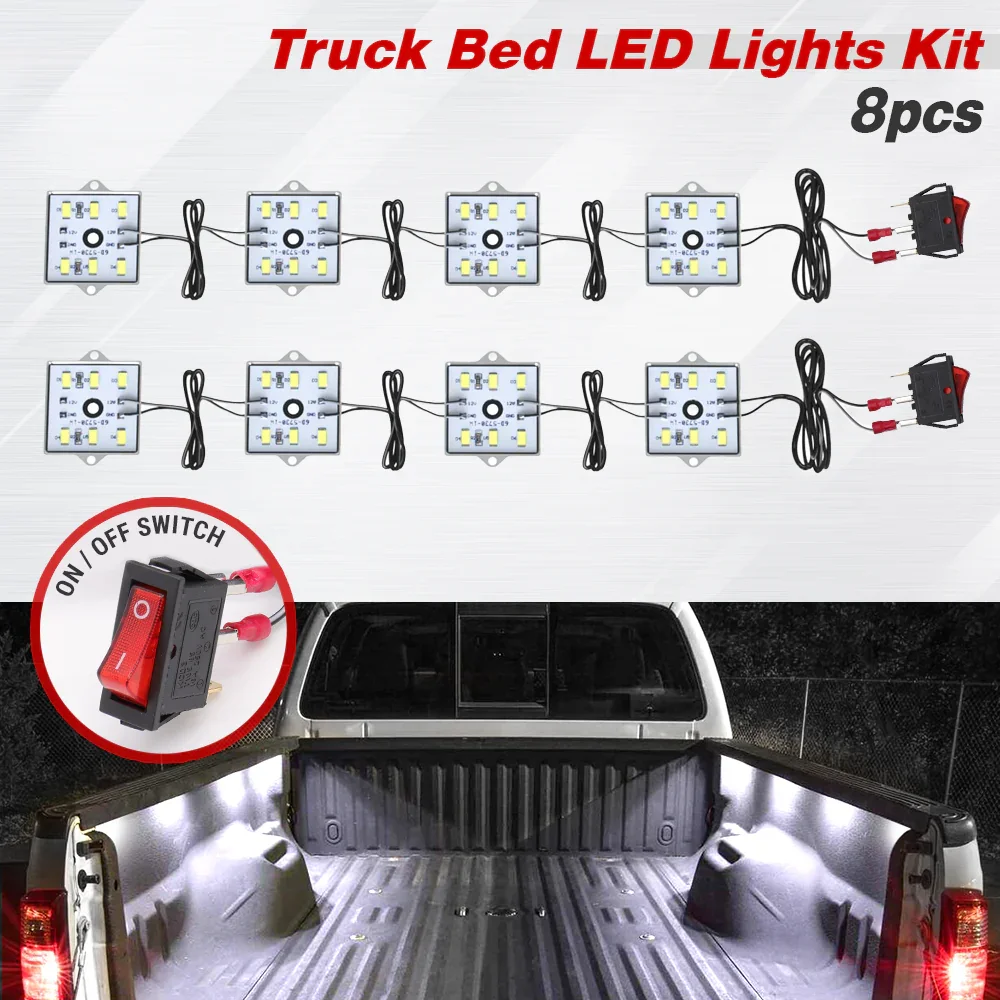 8 pcs of LED Pickup Truck Bed Light Kit Under-Glow Panel, 6000K White, w/ Switch Harness